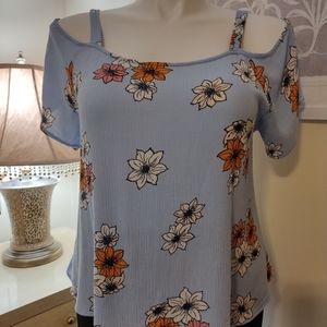 ☀️SALE☀️Elodie XL Blue Floral Crepe Cold-Shoulder Lightweight Easy-Care Blouse